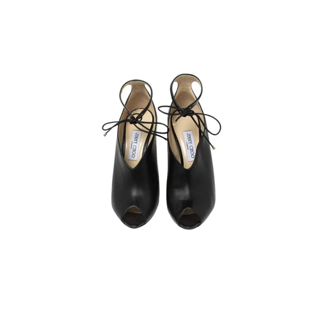 Jimmy Choo Sayra 100 Peep-Toe Leather Booties – Black – Size 39.5 / US 9.5 – NIB